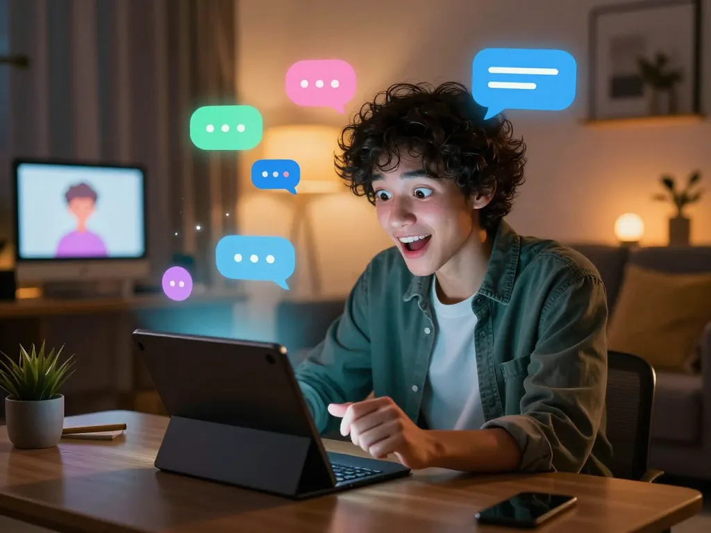 Interactive scene showcasing nsfw chat between user and AI character in a cozy, futuristic environment.
