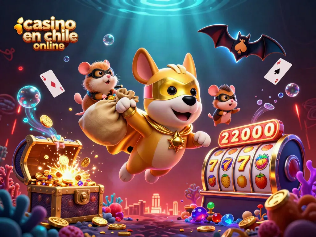 Ilustración en 3D que presenta un perro superhéroe con oro y símbolos de casino en Chile online.
