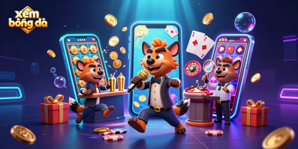 Experience xem bóng đá live with engaging hyena characters in a vibrant casino scene, combining comedy and excitement.