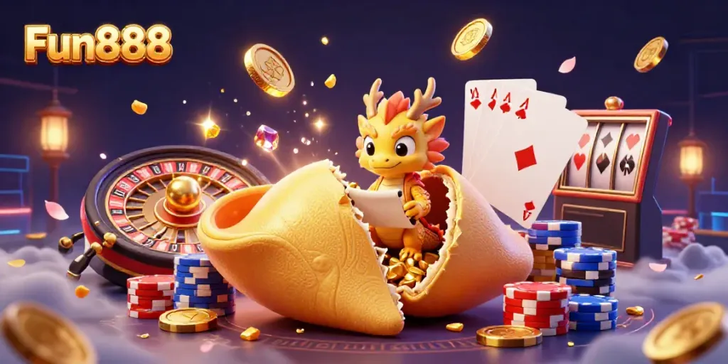 Engage in excitement with Fun888 at this vibrant online casino illustration featuring dazzling characters and dynamic gaming action.