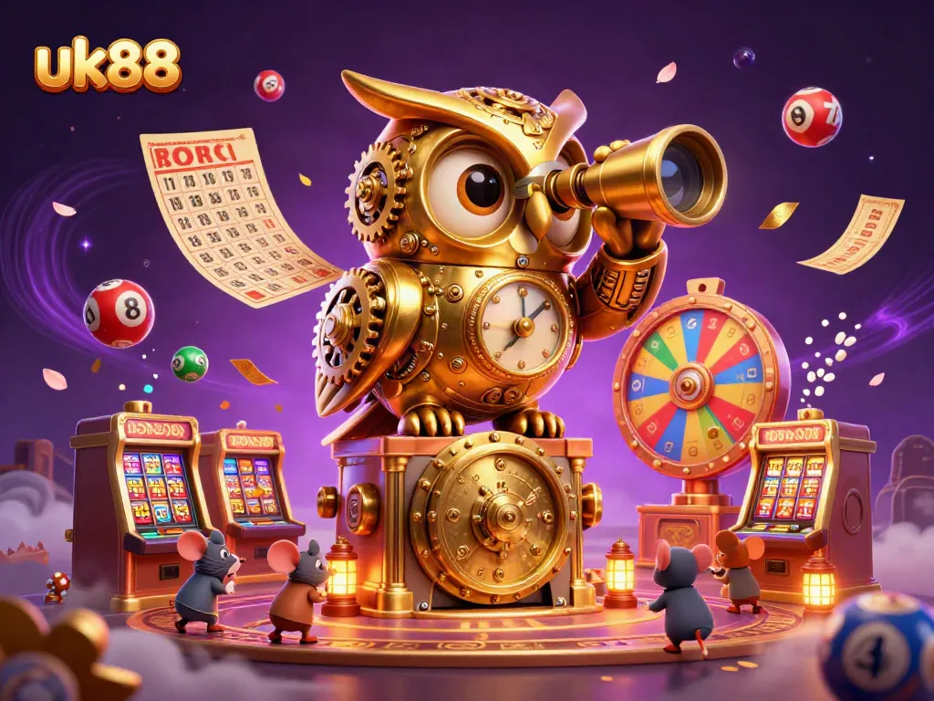 Engage in thrilling gaming excitement with uk88, featuring a golden owl overseeing vibrant casino action.