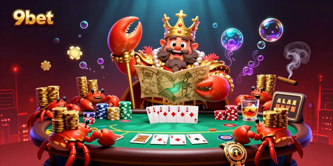 Experience the vibrant world of 9bet with a golden crab emperor and dynamic poker elements.