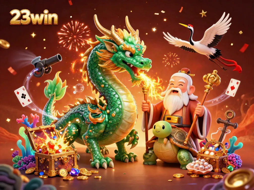 Experience winning moments with 23win's dynamic casino scene featuring an emerald dragon and lucky cranes.