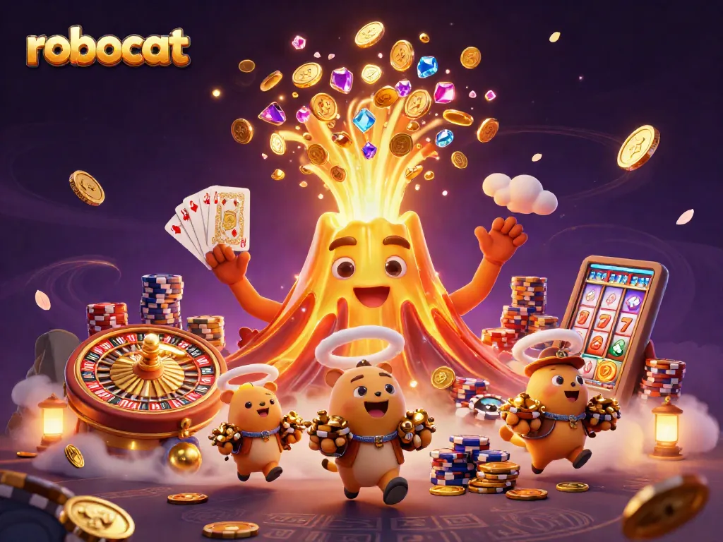Experience the thrill of robocat as coins and gems erupt from the victorious volcano in this captivating casino scene.