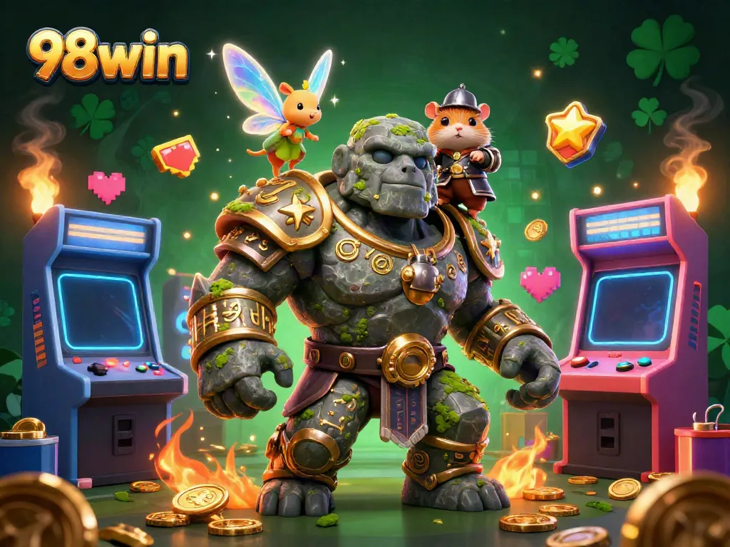 Experience thrilling gaming with 98win's vibrant scene featuring enchanting characters and casino motifs.