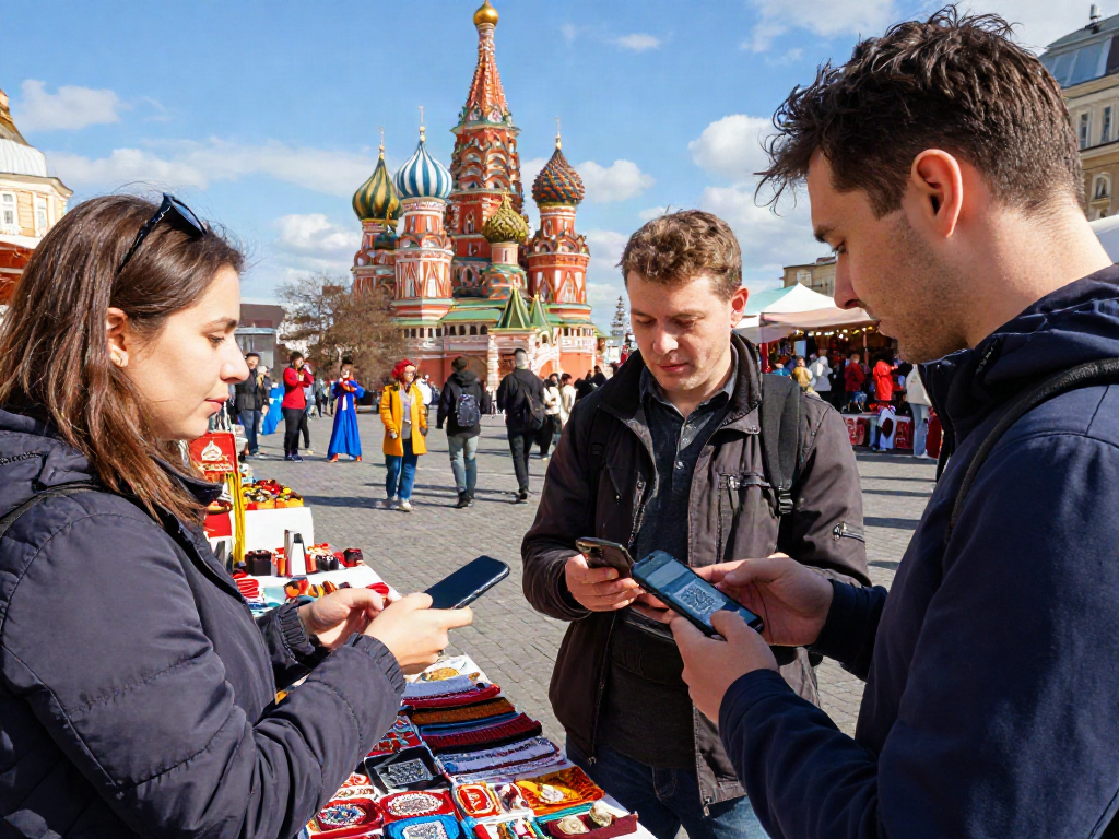 Pagando en un mercado en Moscú con https://payinrussia.com/, turistas usando una aplicación de pago QR.