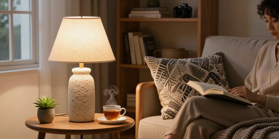 Stylish lampara mesa piedra illuminating a cozy reading nook with warm ambient light.