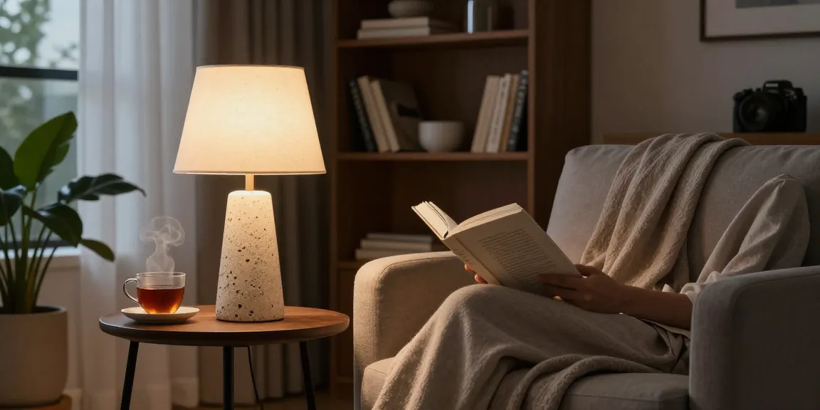 Lampara mesa piedra elegante iluminando un acogedor rincón de lectura con una atmósfera cálida.