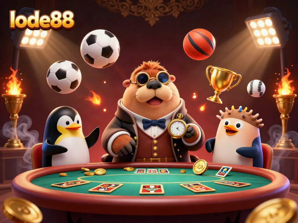 Engage with lode88 at this vibrant underwater poker scene featuring a jolly walrus and a sophisticated penguin dealer.