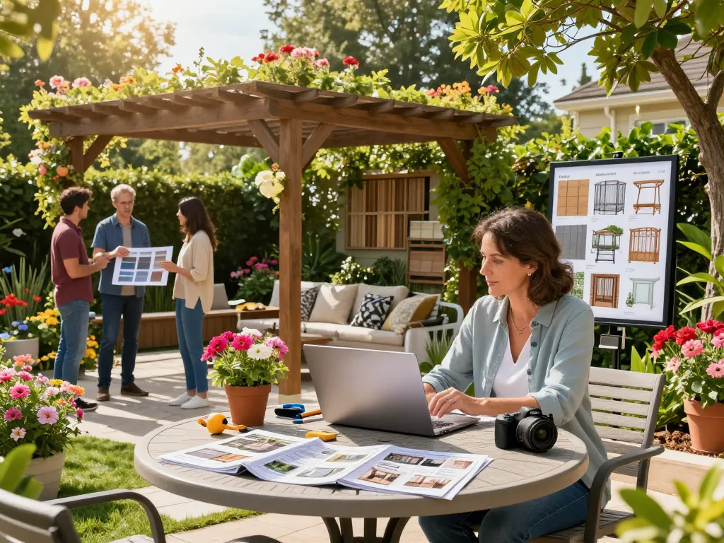 Escena atractiva de un diseñador configurando presupuestos para pérgolas y verandas en un jardín vibrante, mostrando interacción con el cliente.