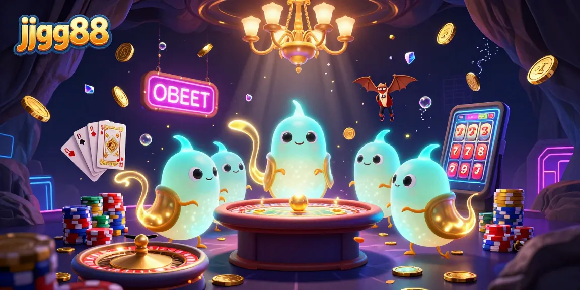 jjgg88 illuminates the casino with colorful gambling elements, including coins, cards, and glowing characters.