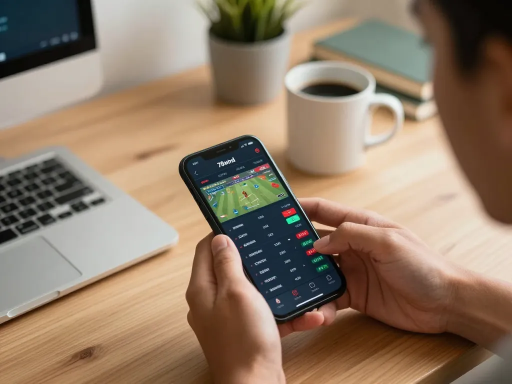 Engaging in live betting on 78wind smartphone app amidst a cozy home office setting.