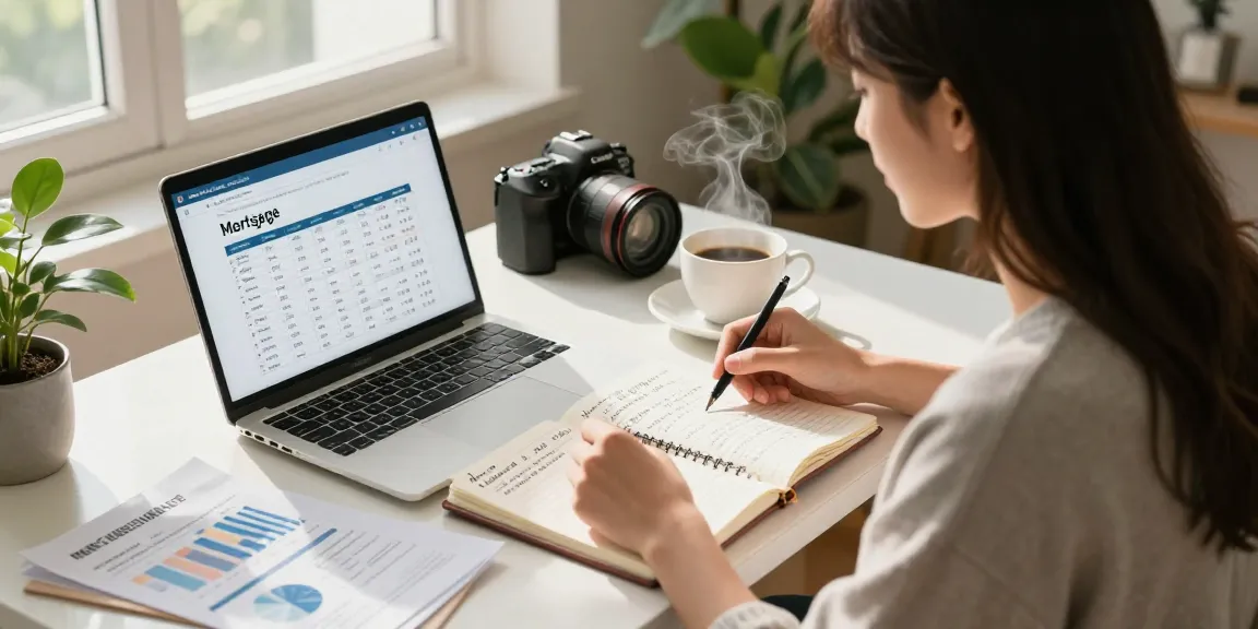 Cozy home office scene with a young professional using a buscador hipotecas for mortgage comparison.