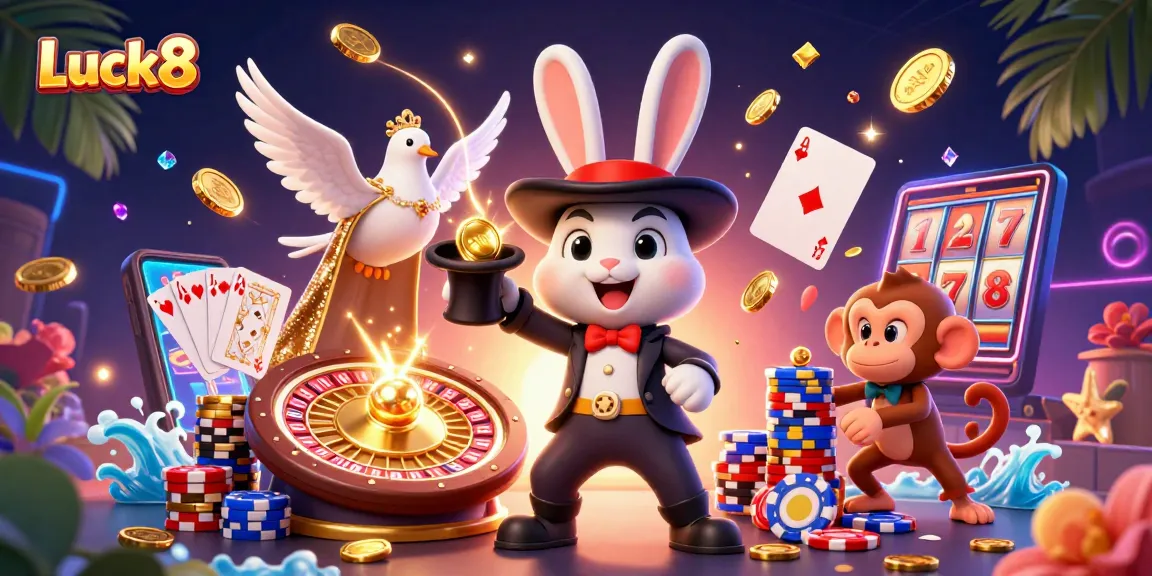Experience Luck8's thrilling casino magic with a captivating 3D scene of gaming elements.