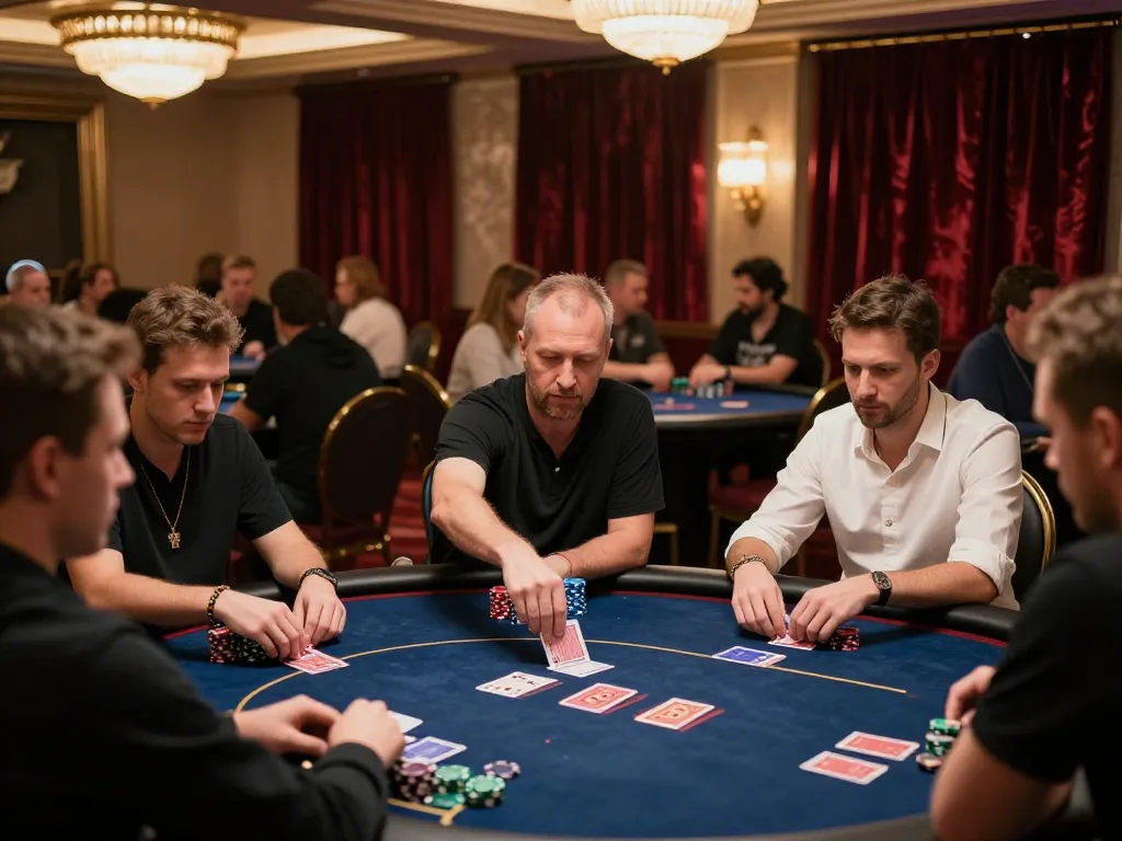 Fly 88 players engaged in high-stakes poker, showcasing strategic gameplay and luxurious casino ambiance