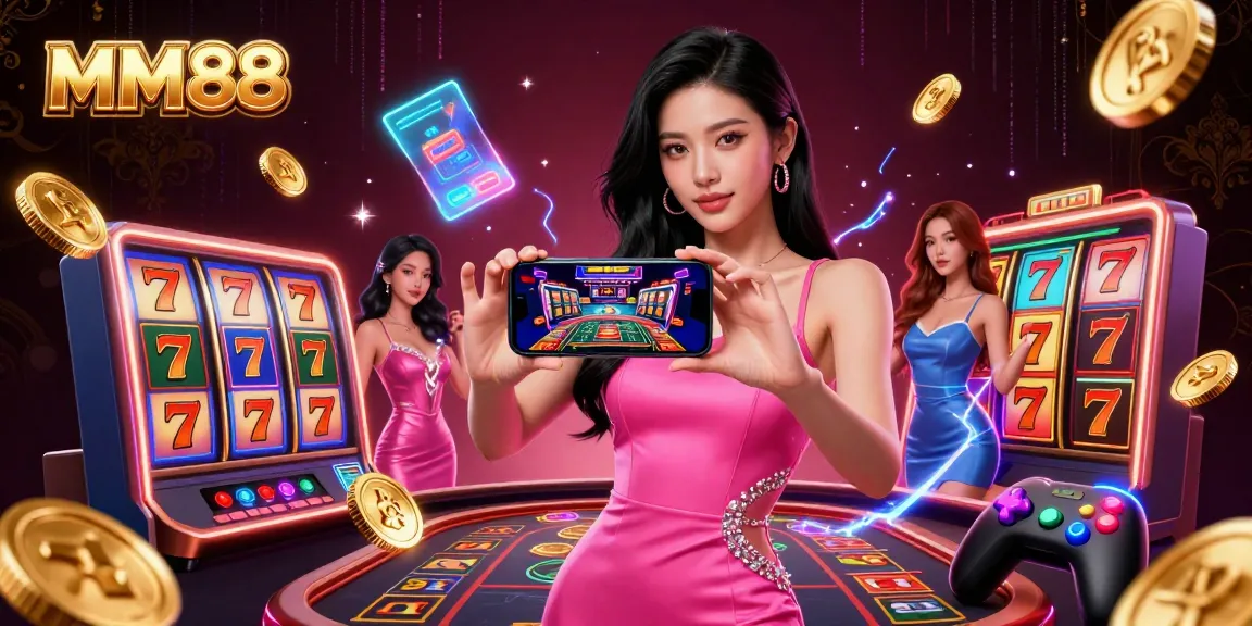 Experience MM88 live dealer action with a stylish Asian woman engaging in casino games and holographic elements.