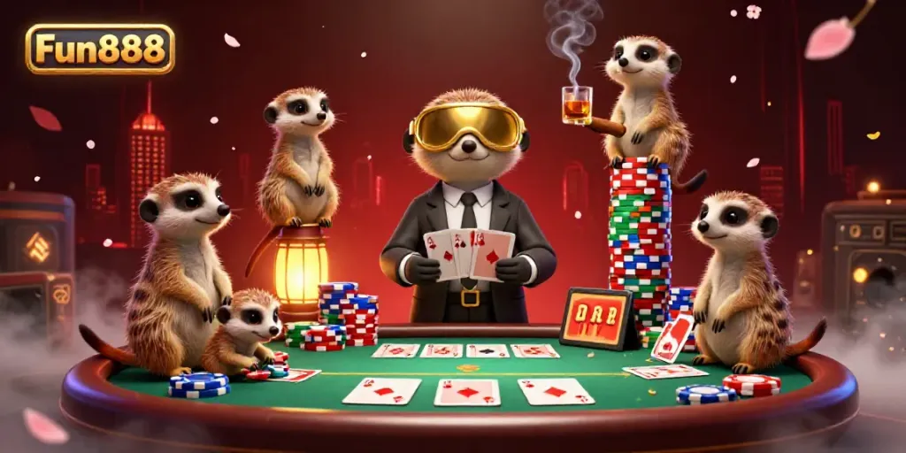 Experience fun and excitement at Fun888's virtual casino with a lively meerkat community managing the game.