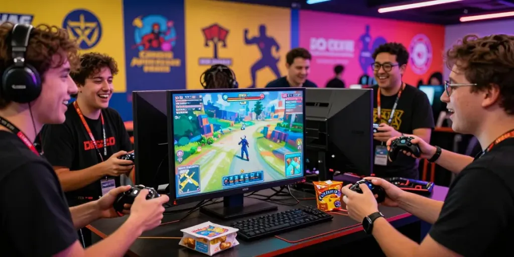 Evento de gamers en phuwerte-inwersowia.com con amigos disfrutando de un nuevo juego, ambiente vibrante y alegre.