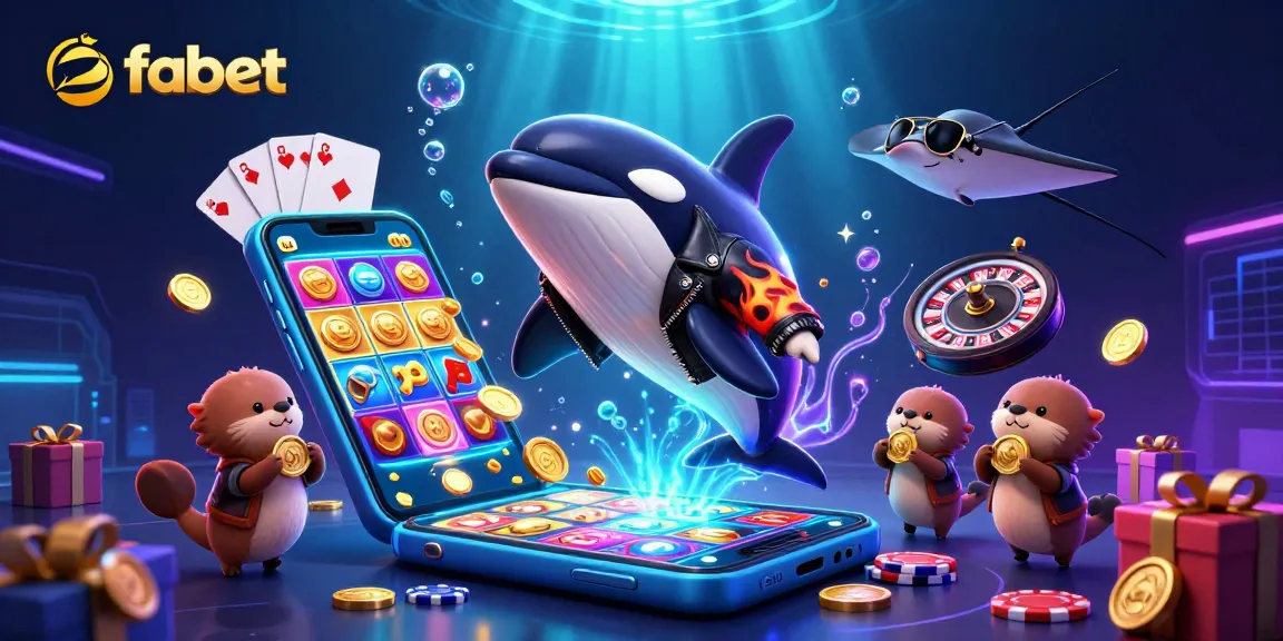 Experience fabet's casino thrill with a cartoon orca, stingray, and otters in a vibrant gaming scene.
