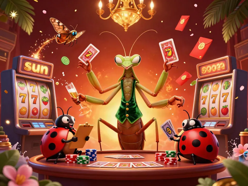 Play slots at an exciting online casino featuring a praying mantis card sharp, ladybug pit boss, and vibrant elements.