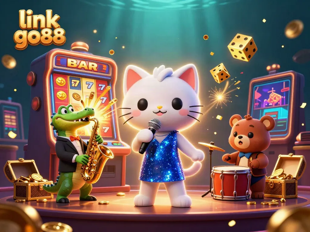Experience the excitement with link go88 featuring a lively cat singer, crocodile saxophonist, and bear drummer on stage.