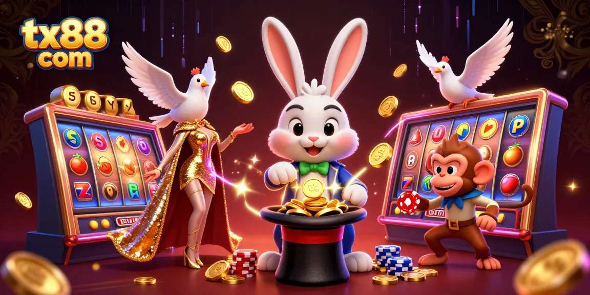 Experience the magic of tx88 com with a playful rabbit, dove, and monkey in a vibrant casino scene.