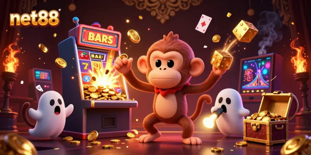 Experience thrilling gameplay with net88 as golden coins swirl in a whimsical haunted casino.