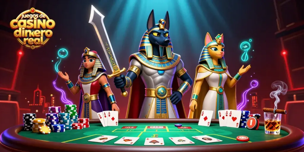 Disfruta los juegos de casino dinero real con Anubis y Bastet en una emocionante escena de póker.