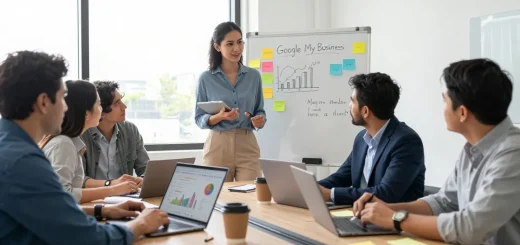 Optimización de perfiles en Google My Business por nuestra agencia de google my business, en oficina moderna con equipo colaborando.