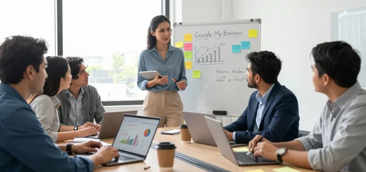 Optimización de perfiles en Google My Business por nuestra agencia de google my business, en oficina moderna con equipo colaborando.