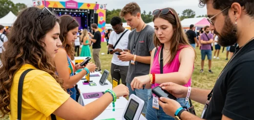 Festival attendees using pulseras electrónicas para eventos for seamless access and payments